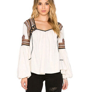 Free People Womens Small Top Embroiderey Slit Back‎ Snow Kisses Balloon Sleeve